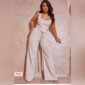 PrettyLittleThing Plus Cream Linen Look Rope Detail Wide Leg Trousers